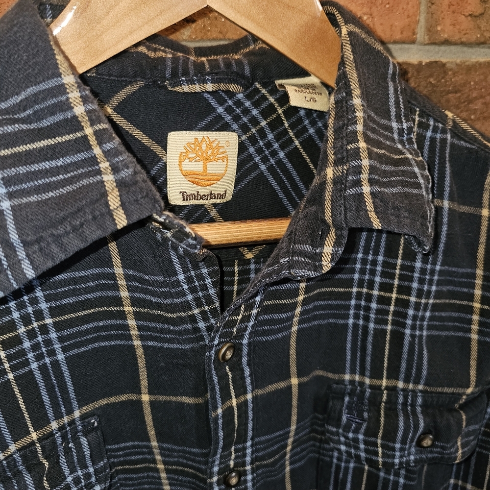 Timberland L Men's Black Plaid Shirt with Blue & Cream Stripes